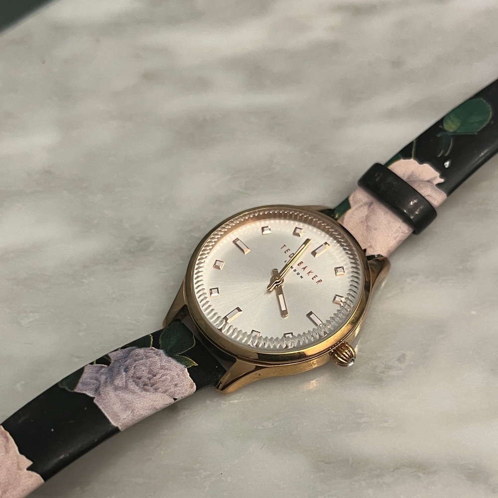 Ted Baker Black Floral Watch with Gold Trim
